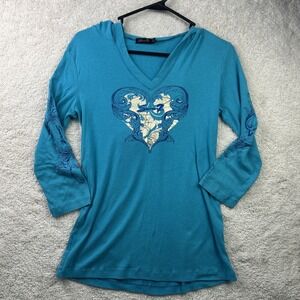 Seven 7 Hooded 3/4 Sleeve VTG Y2K Blue/Gold Graphic V Neck M Grunge Punk Rock
